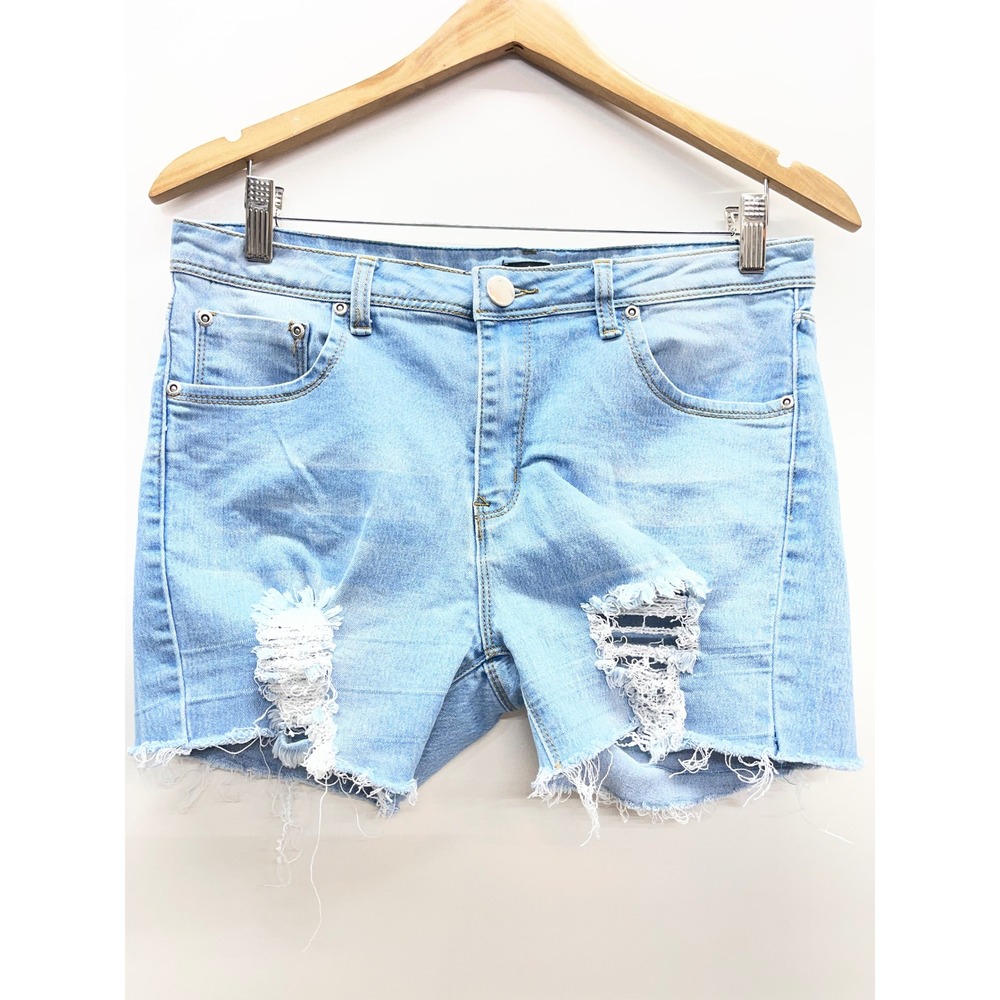 Boohoo Blue Womens Light Wash Distressed Denim Shorts Frayed Hem Size US 8